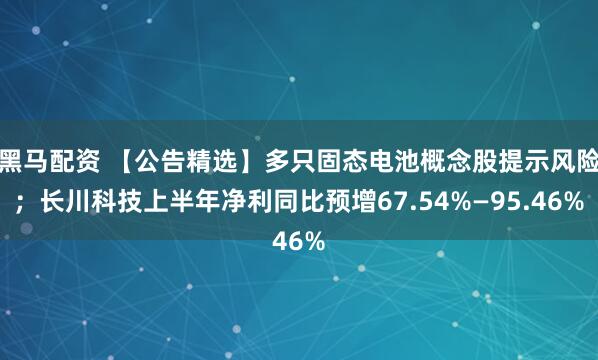 黑马配资 【公告精选】多只固态电池概念股提示风险；长川科技上半年净利同比预增67.54%—95.46%